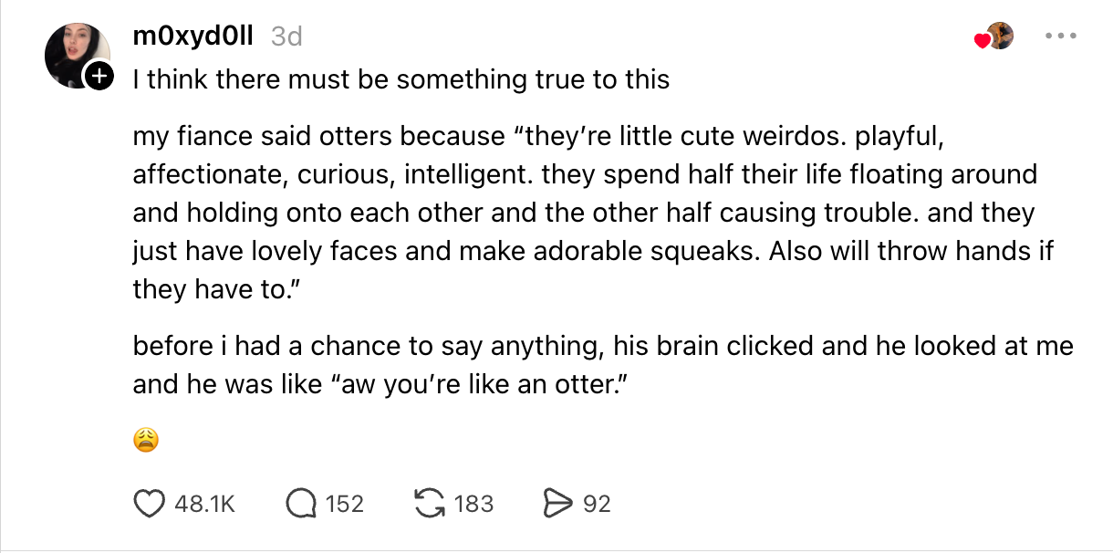 Social media station astir a fiancé comparing their spouse to otters, highlighting playfulness and affection. Contains scholar reactions