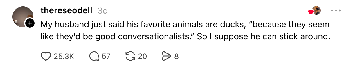 Comment from idiosyncratic astir hubby saying ducks are his favourite animals for being bully conversationalists. 25.3K likes, 57 comments, 20 shares