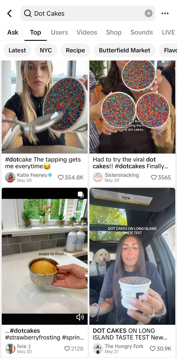 Image showing social media posts about #dotcake. Each post features people trying colorful sprinkle cakes, with captions expressing excitement and enjoyment