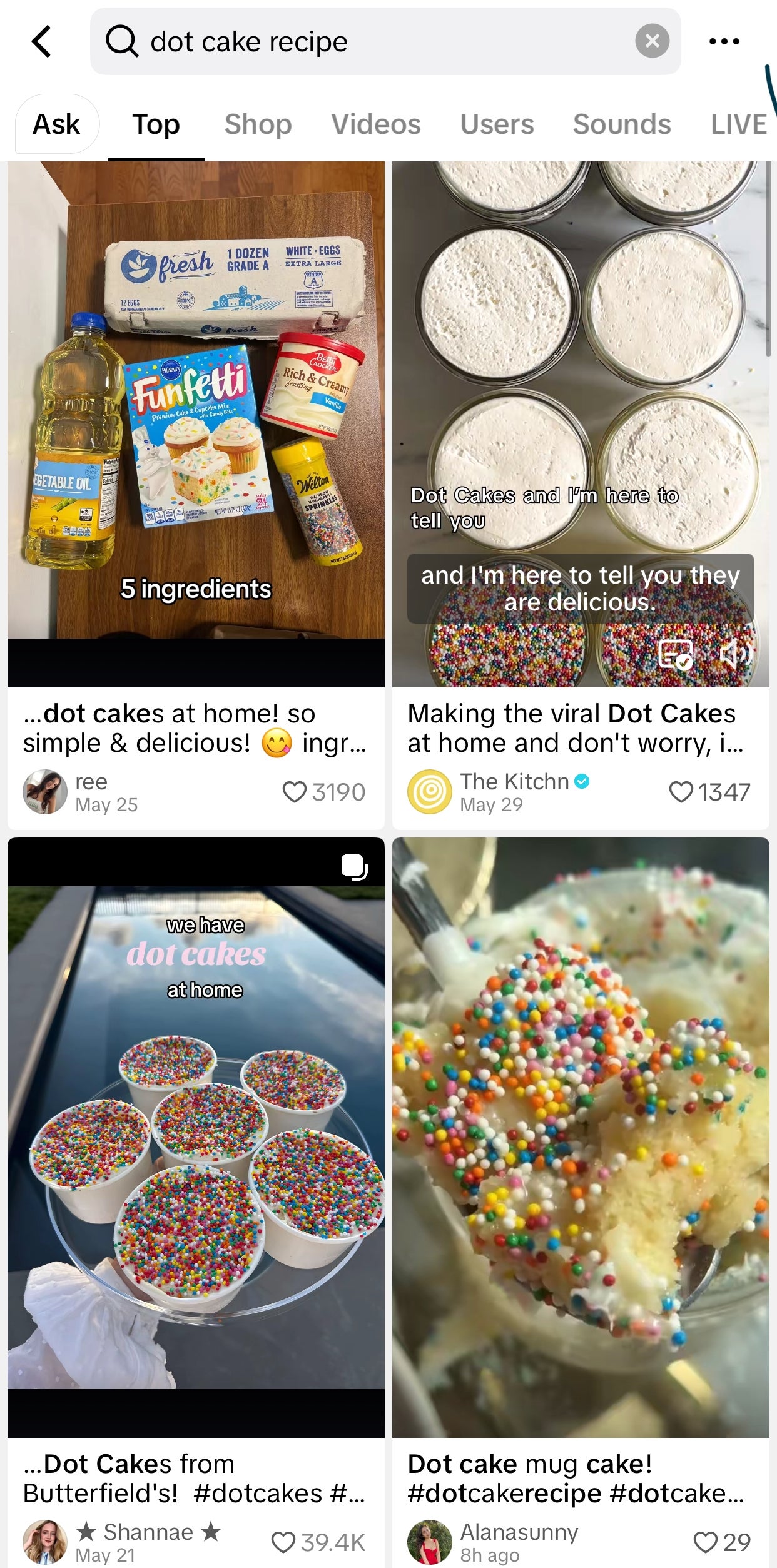 Search results on a social media app for "dot cake recipe," showing images and posts of cakes with colorful sprinkles, and some captions praising the dessert