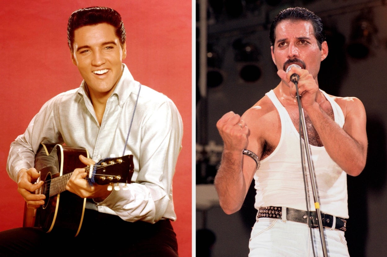 Split image of Elvis Presley holding an acoustic guitar and Freddie Mercury singing into a microphone