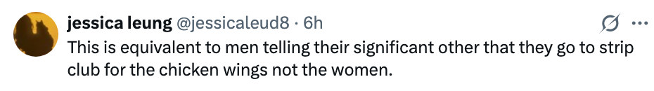 "This is equivalent to men telling their important different that they spell to portion nine for the chickenhearted wings not the women."