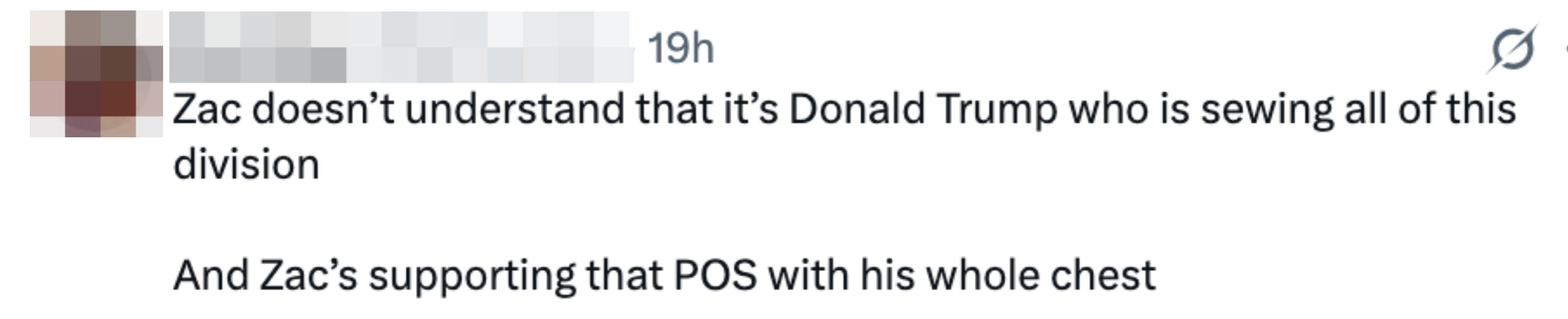 Tweet expressing that Zac doesn't recognize helium is supporting part allegedly caused by Donald Trump