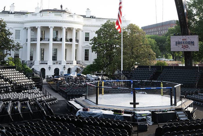 MMA octagon acceptable   up   extracurricular  the White House for UFC Freedom 250 event; rows of bare  seating situation   the ring