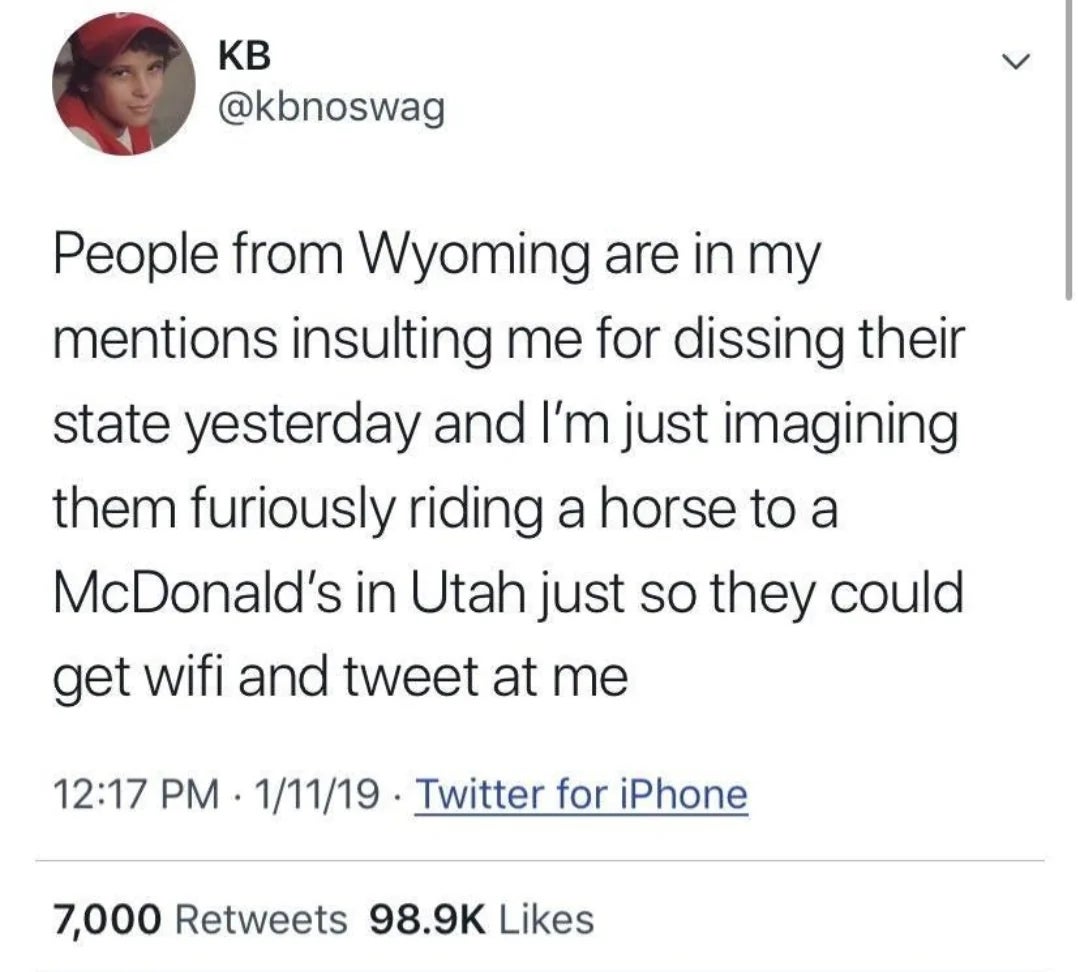 Tweet humorously imagines Wyoming residents riding horses to Utah McDonald's for Wi-Fi to respond   to an insult astir  their state