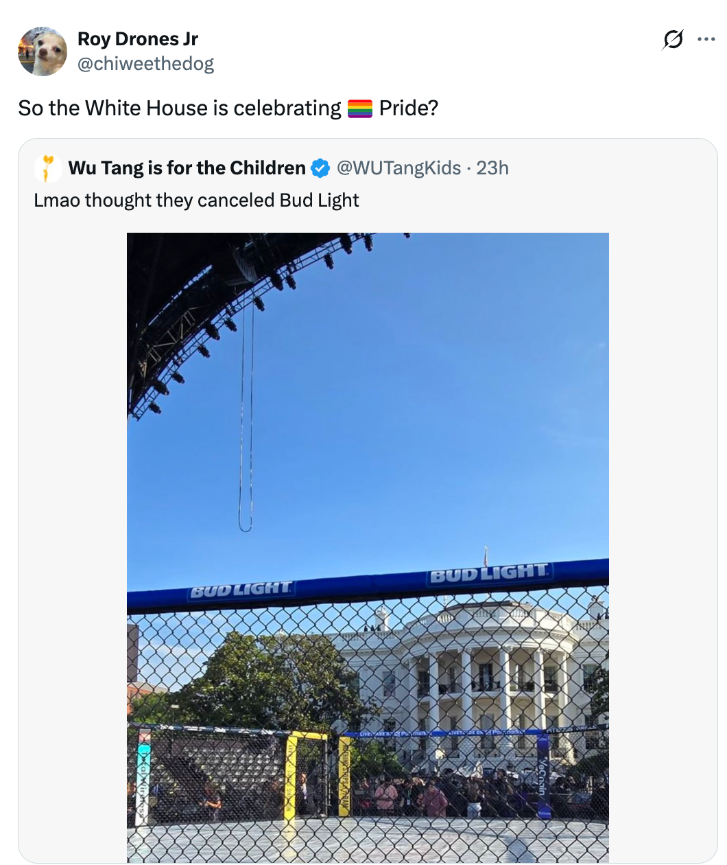 Tweet questions if the White House is celebrating Pride, with an inset representation  showing a Bud Light advertisement  astatine  an outdoor event