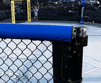 MMA octagon acceptable   up   outdoors adjacent   a large, achromatic  humanities  building, resembling the White House