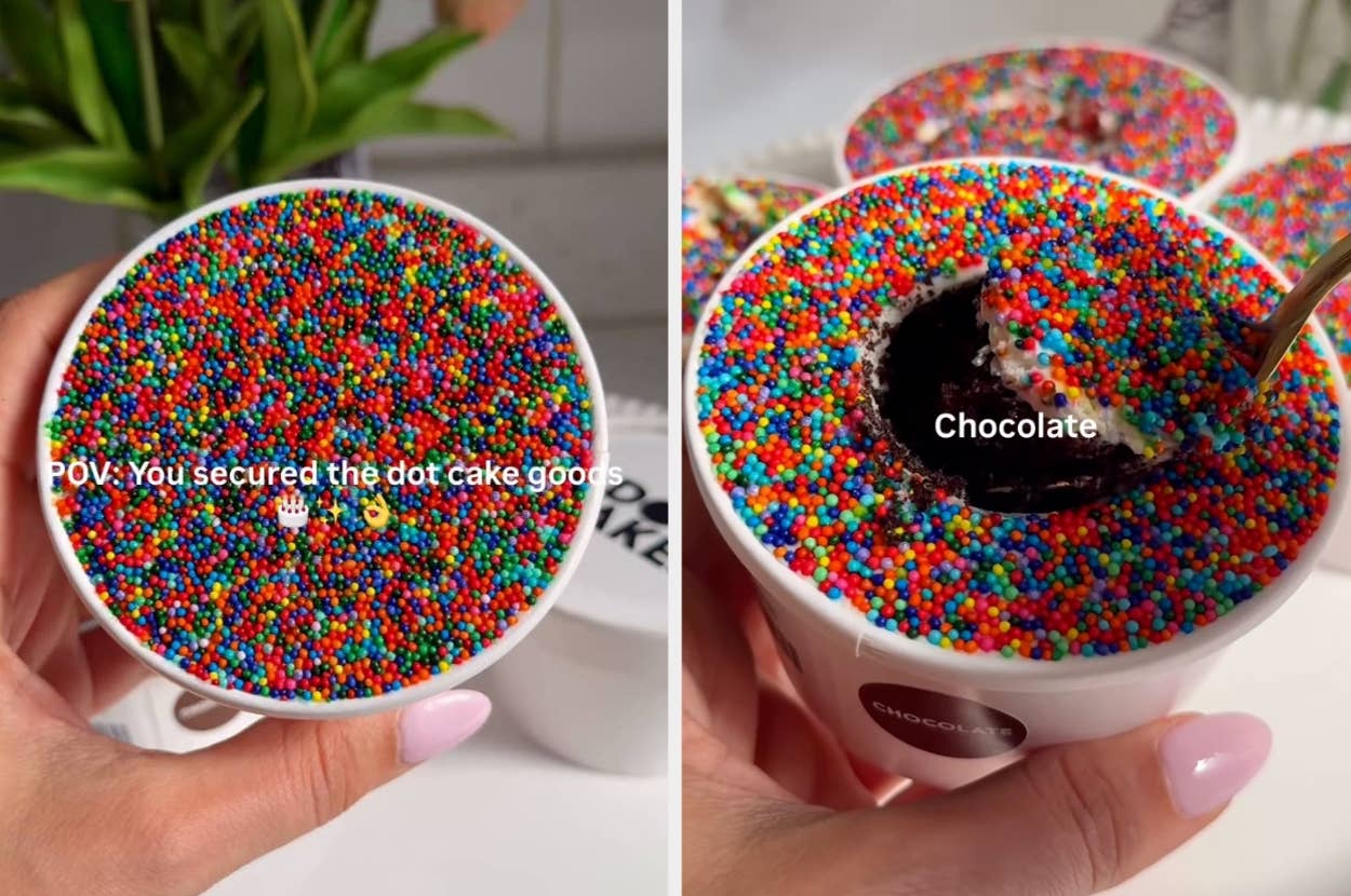 A person holds a cup of cake covered in colorful sprinkles with a spoon revealing chocolate cake inside. Text: "POV: You secured the dot cake goods."