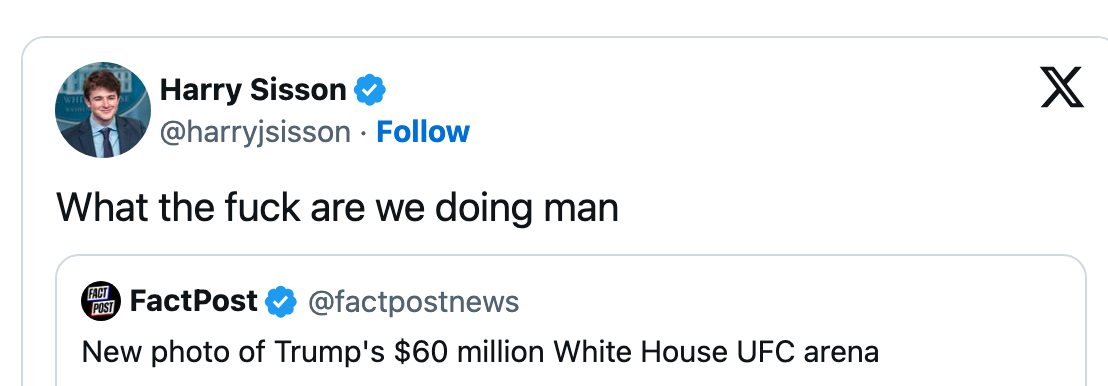 Tweet showing satirical post about a $60 million White House UFC arena