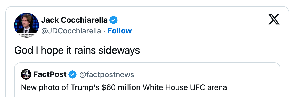 Social media post jokingly comments on an article about Trump's $60 million UFC arena at the White House
