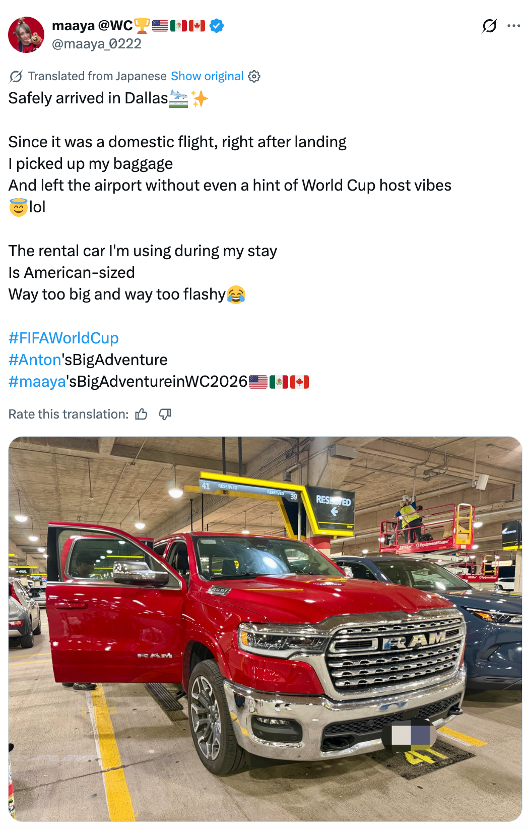 A shiny reddish  motortruck  parked successful  a garage; tweet substance   discusses a World Cup travel   to Dallas, with conveyance  size humor