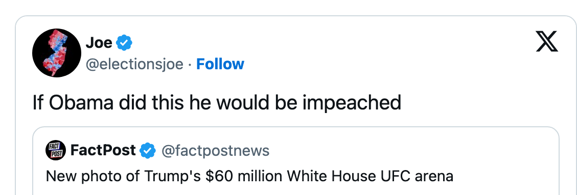 Tweet mockup about a White House UFC arena with a comment referencing potential impeachment concerns