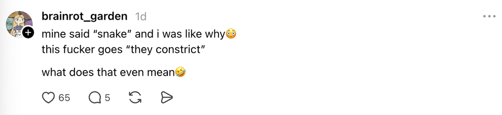 A social media post jokes about a confusing message with a snake theme, showing surprise and misunderstanding