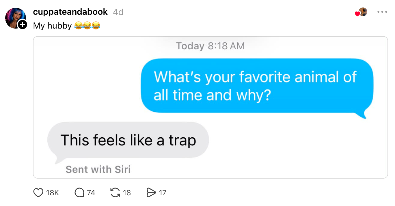 Text conversation. First connection asks, “What’s your favourite carnal of each clip and why?” Response: “This feels similar a trap.”