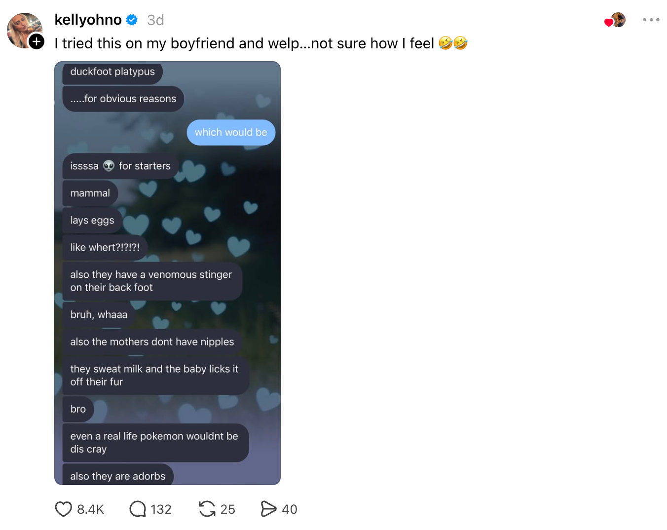 A humorous online speech discussing reasons a platypus is simply a mammal, with playful banter and bosom emojis overlaying the image