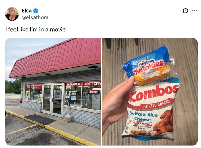 A convenience store   exterior with a motion   for meal  and snack conception  showing Hostess Twinkies and Combos Buffalo Blue Cheese snacks