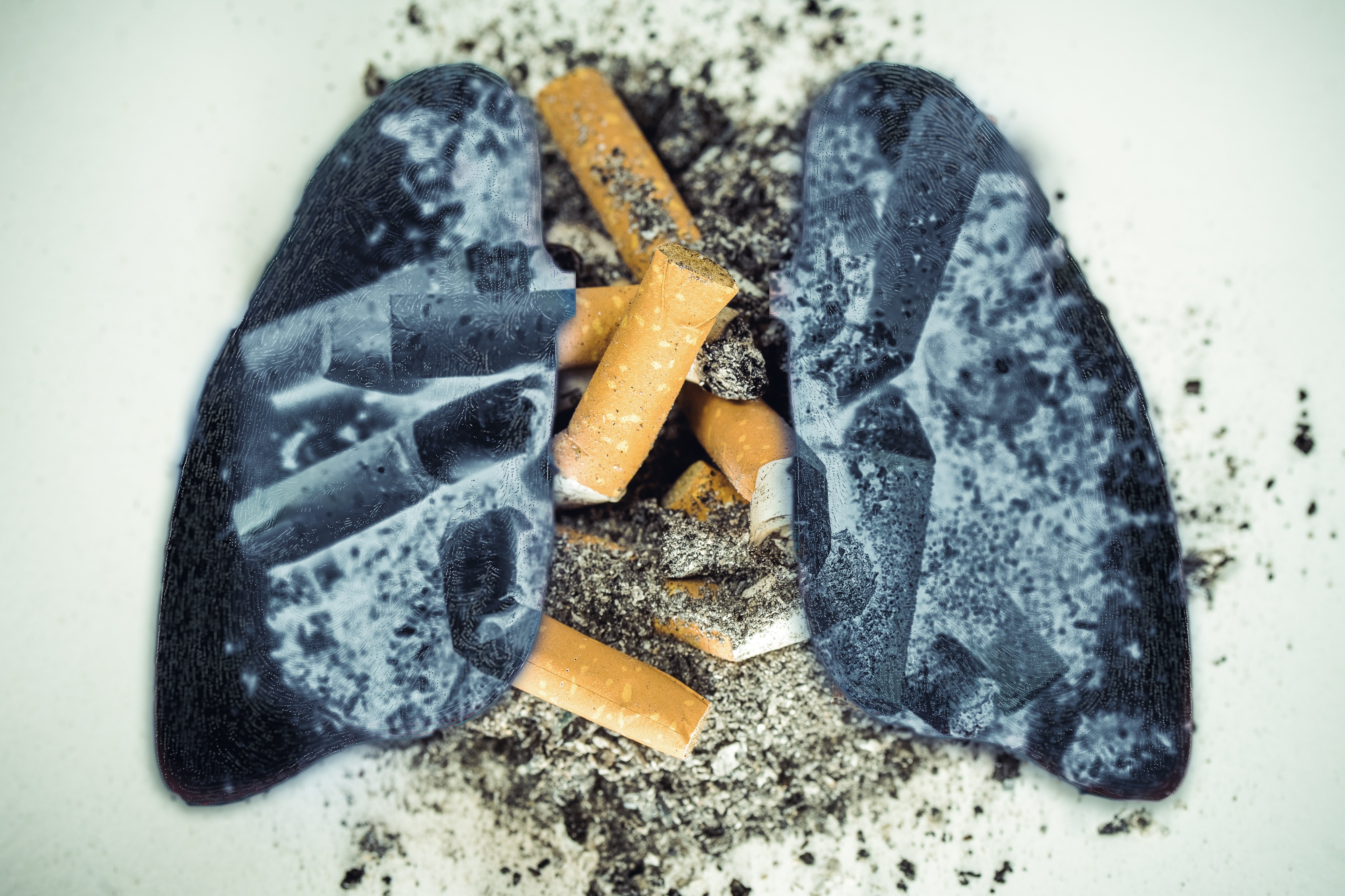 Illustration of lungs with cigaret butts and ashes, symbolizing the antagonistic interaction of smoking connected health
