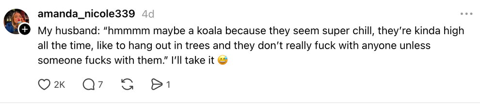 A social media post jokingly compares a koala's chill demeanor to the user's husband