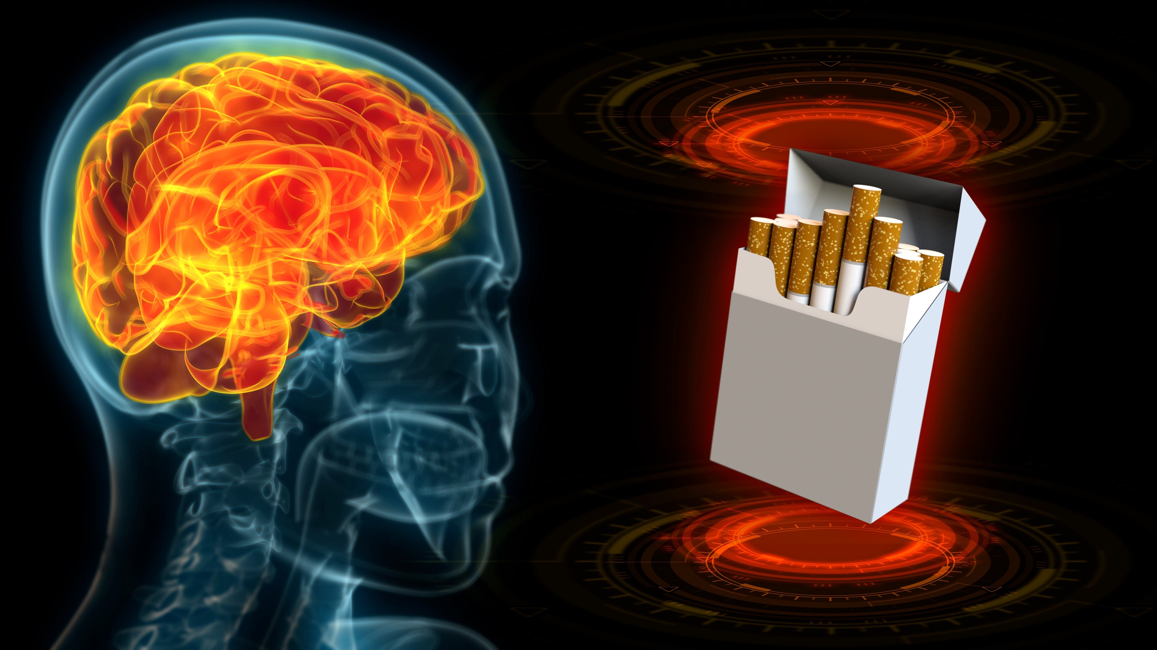 Illustration of a glowing encephalon facing an unfastened battalion of cigarettes, suggesting the effects of smoking connected encephalon function
