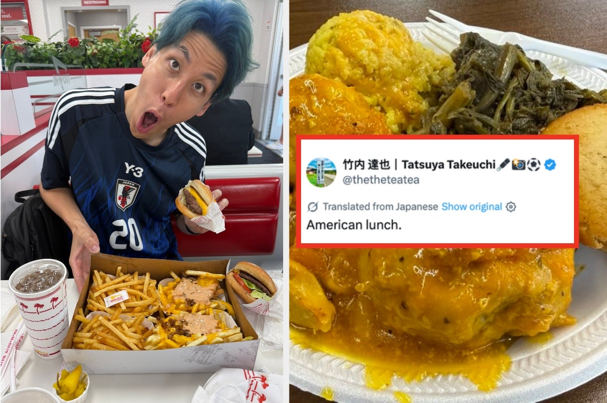Person humorously reacts with a fast-food meal; text overlay describes it as an "American lunch" with fried chicken, mashed potatoes, and greens