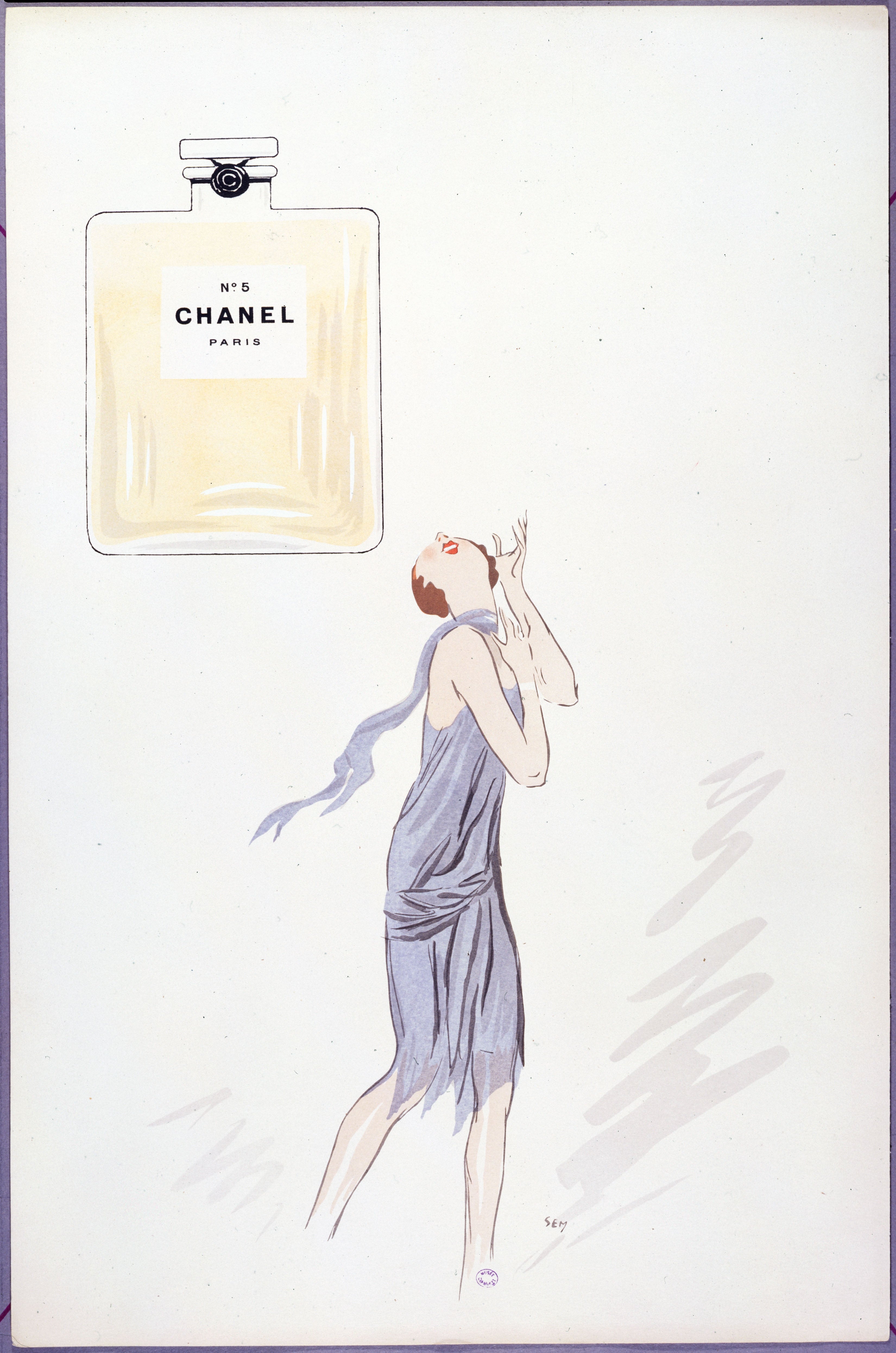 Artistic illustration of a pistillate   successful  a draped dress, reaching towards an oversized Chanel No. 5 perfume bottle