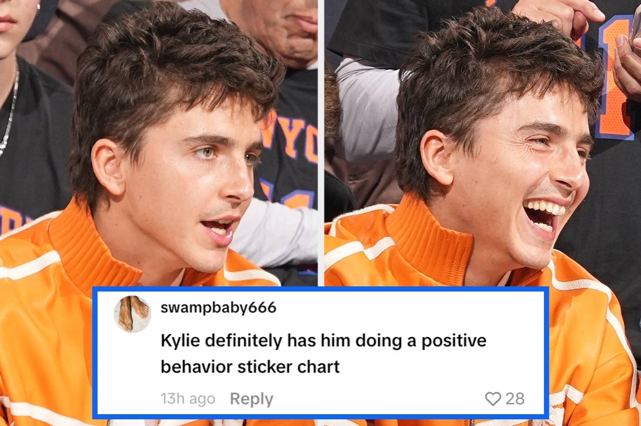 Two images of Timothee Chalamet in a bright orange tracksuit, one of him talking and one of him laughing with a comment that reads "Kylie definitely has him doing a positive behavior sticker chart"