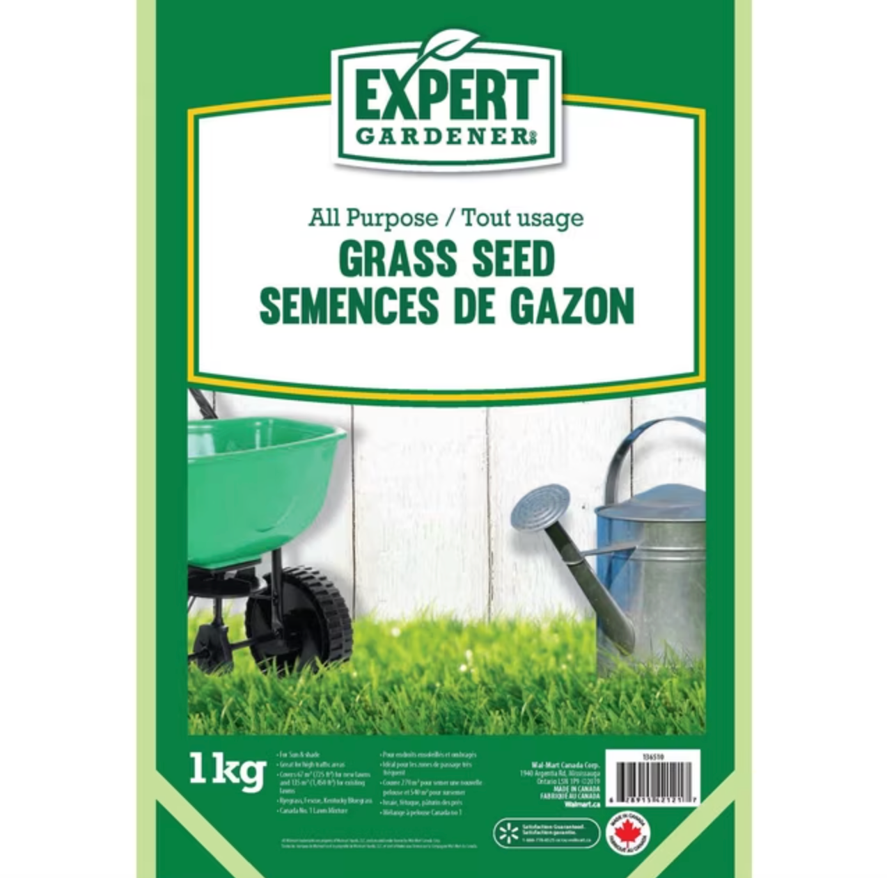 Kantong benih rumput serba guna Expert Gardener dengan gambar gerobak dorong dan kaleng penyiram. Teks dalam bahasa Inggris dan Prancis. 1kg di bagian bawah