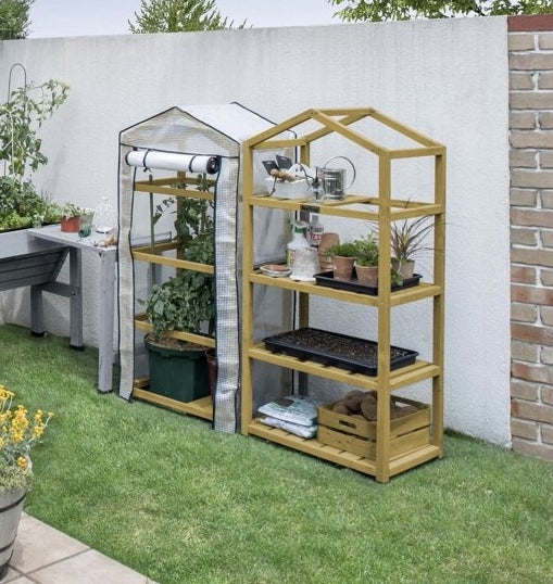 Dua rumah kaca kecil dengan rak dipasang di taman halaman belakang. Mereka menyimpan berbagai tanaman pot dan peralatan berkebun, ideal untuk berkebun di rumah