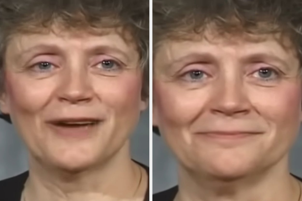A woman shown in two side-by-side close-up images, smiling subtly in both