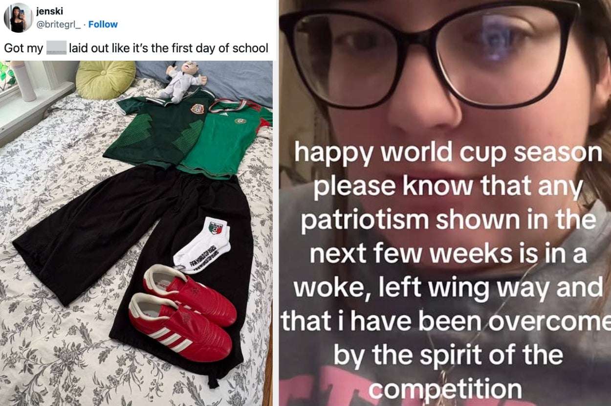 Outfit laid out for first day paired with tweet about World Cup patriotism and humorously political commentary