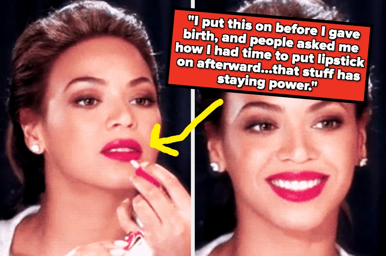 Woman applying lipstick; text highlights its long-lasting effect, mentioning she wore it before giving birth