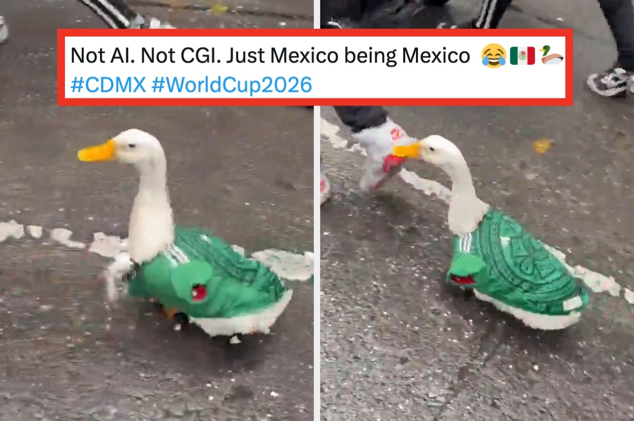 Duck in soccer uniform with people nearby, captioned about Mexico, World Cup 2026, AI, and CGI