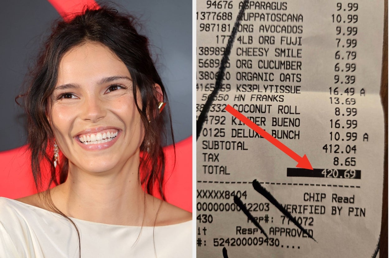 Person smiling on a red carpet in stylish clothing next to a receipt with a total of $420.69 highlighted