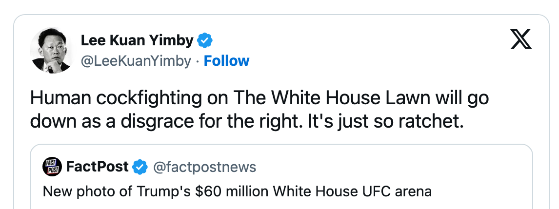 A tweet showing a satirical claim about a $60 million UFC arena on the White House lawn, with critical commentary about political optics