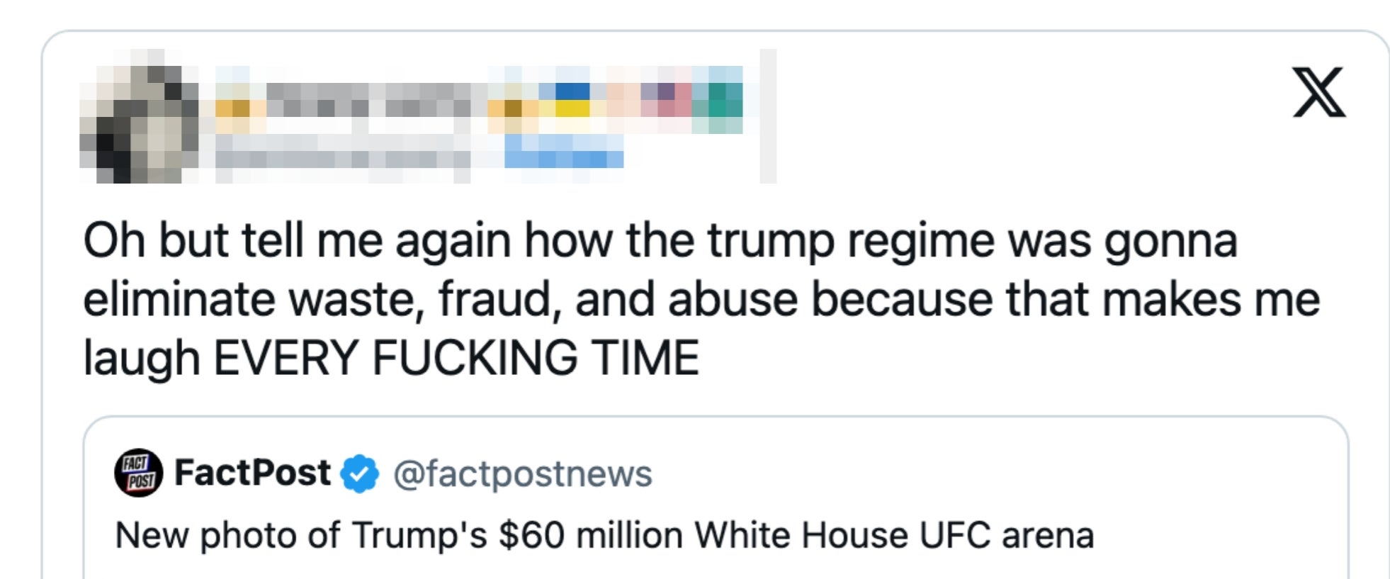 Tweet mocking Trump with a satirical post showing the White House as a UFC arena. Includes social media engagement info