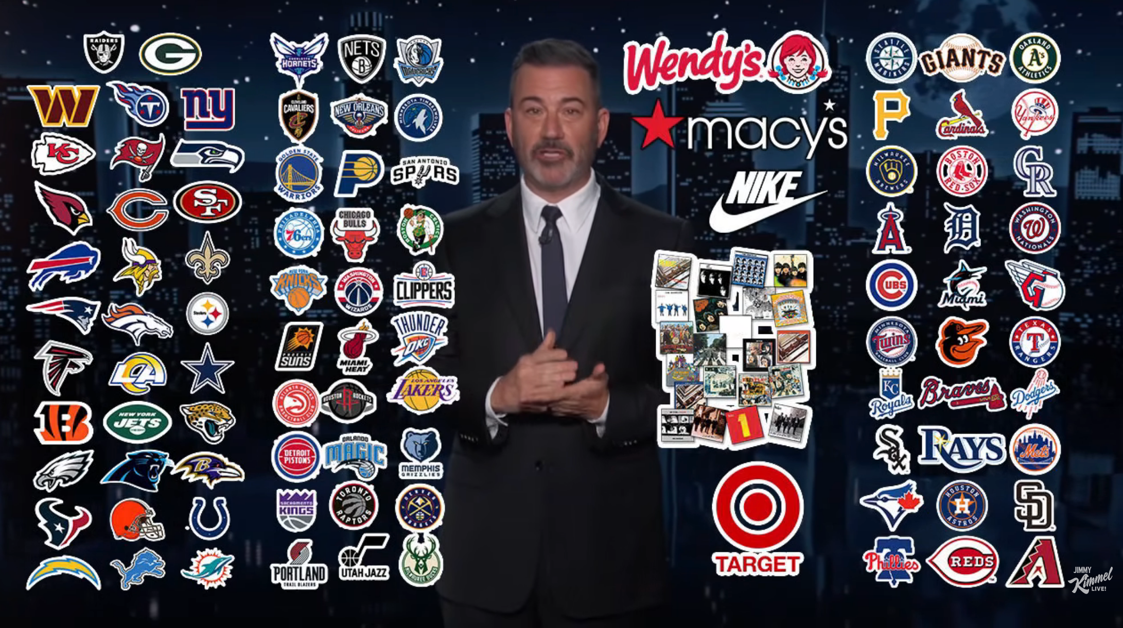 Jimmy Kimmel stands successful beforehand of a collage of sports squad logos and assorted marque logos