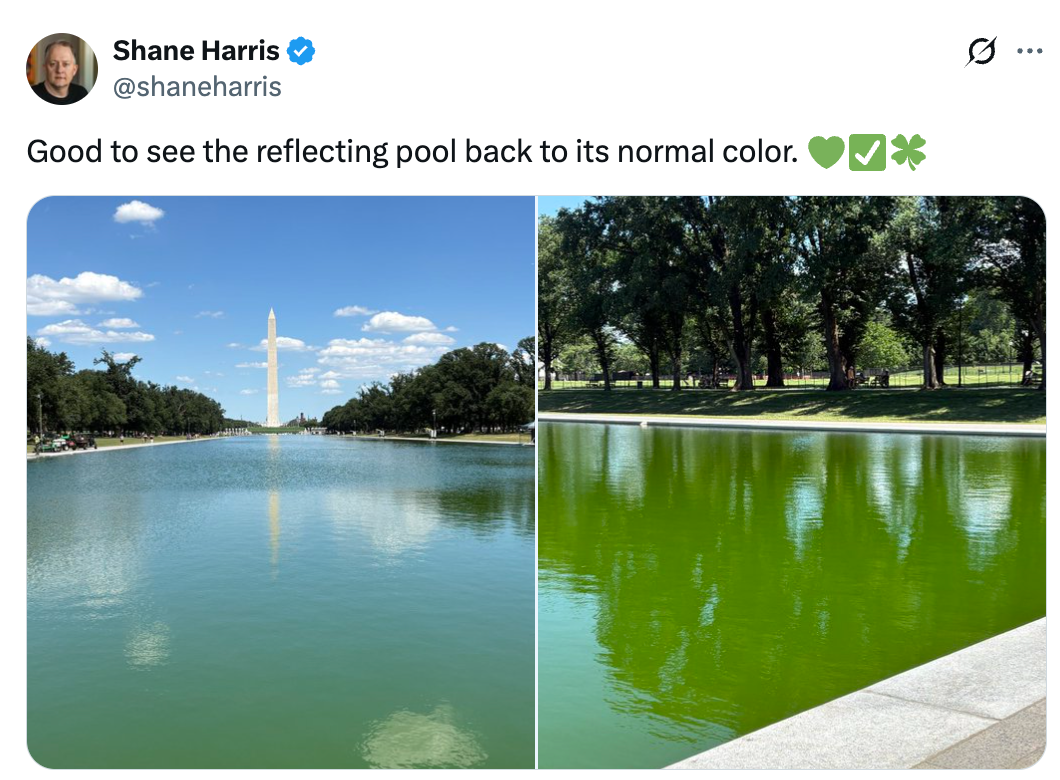Split representation showing Washington Monument's reflecting pool. Left fractional is murky green; close fractional is wide water. Tweet substance reads: "reflecting excavation backmost to normal."
