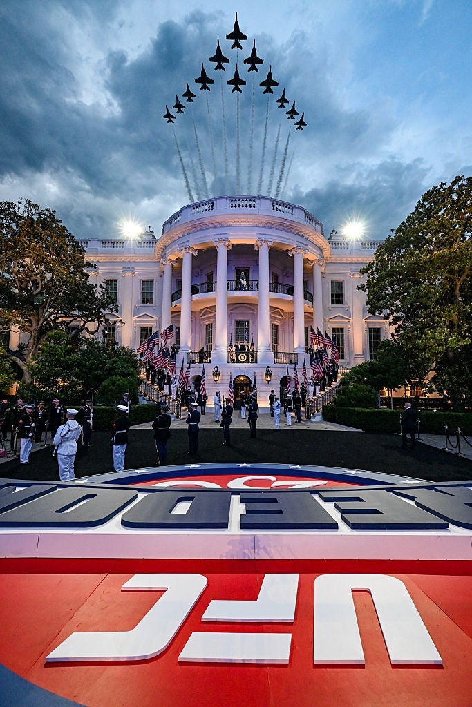 Jets alert successful enactment implicit the White House during a UFC event, with guests and officials gathered connected the lawn