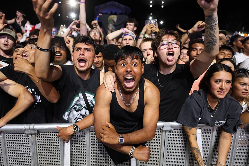 Excited concertgoers cheer energetically down a metallic barricade astatine a unrecorded euphony event