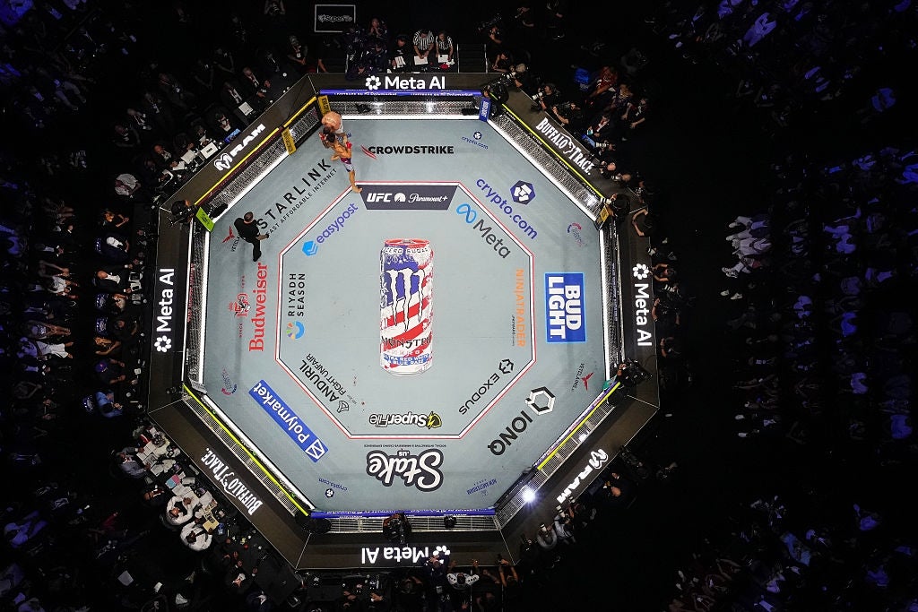 Aerial presumption of an octagonal MMA warring ringing surrounded by a crowd, featuring assorted sponsor logos connected the mat