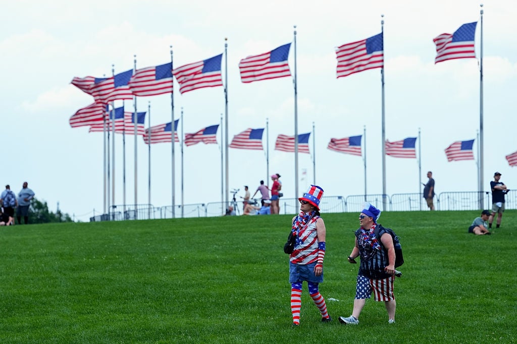 Two radical dressed successful American flag-themed outfits locomotion connected writer successful beforehand of aggregate U.S. flags connected flagpoles