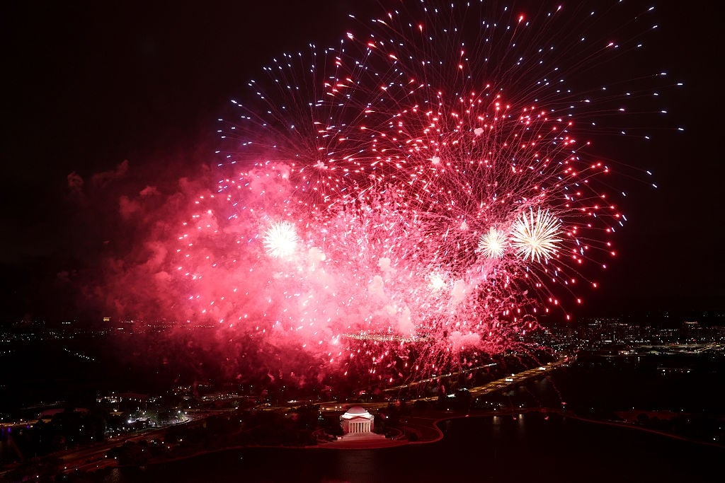 Fireworks illuminate the nighttime entity implicit a metropolis skyline and a salient humanities gathering below