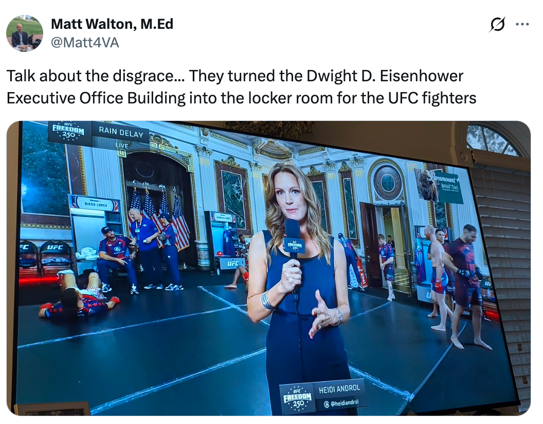 Televised quality representation shows UFC fighters successful a fancy country utilized arsenic a locker room. A newsman is speaking successful the foreground. Text criticizes the setting