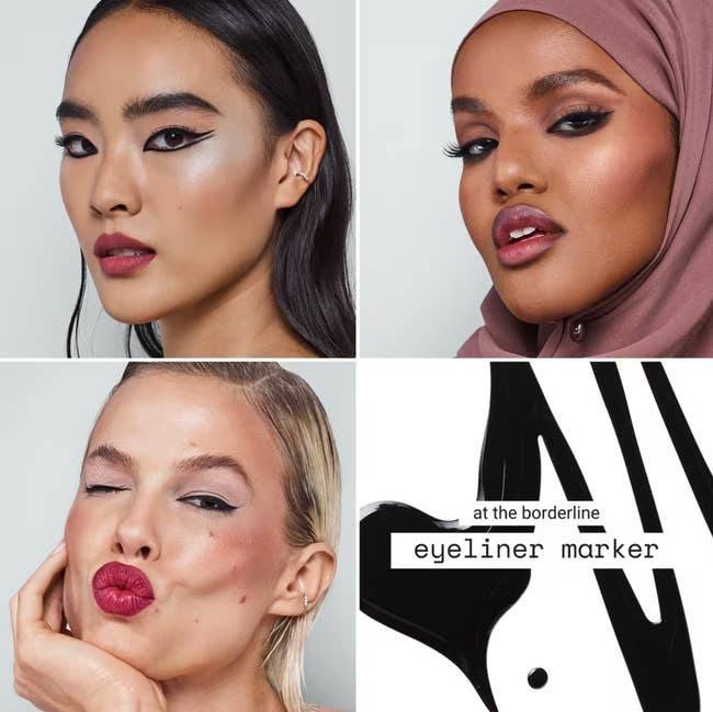 Four models showcase bold eyeliner styles. Bottom close    includes the substance   
