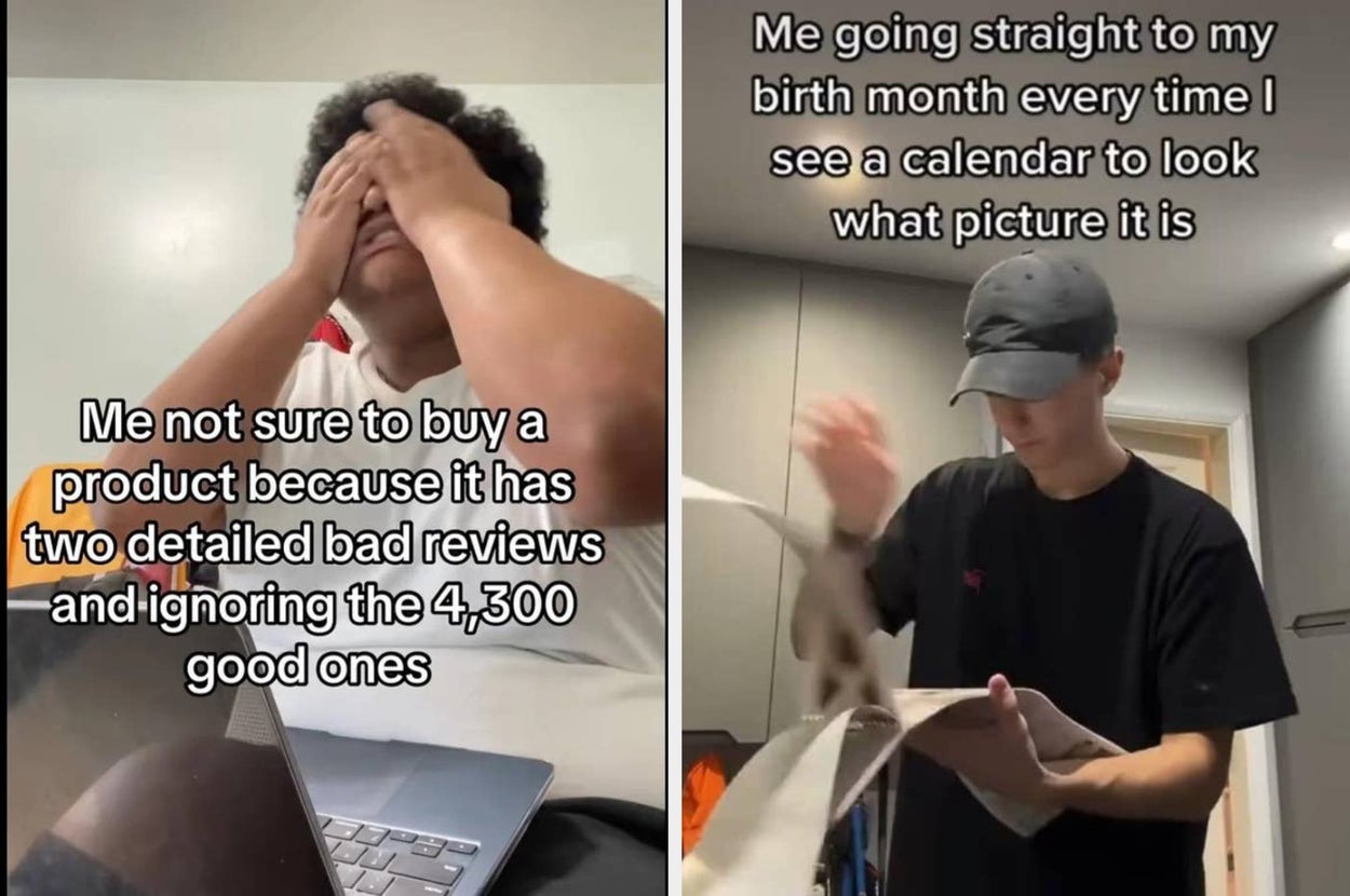 Split image: Left side shows a person stressed over negative reviews; right side shows another person eagerly checking a calendar for birth month