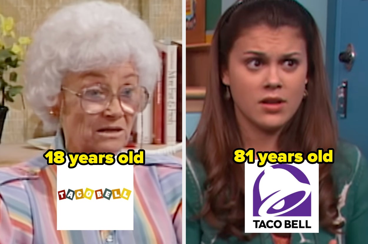 Split image comparison: an older woman with a Taco Bell logo labeled "18 years old" and a younger woman with the Taco Bell logo labeled "81 years old."