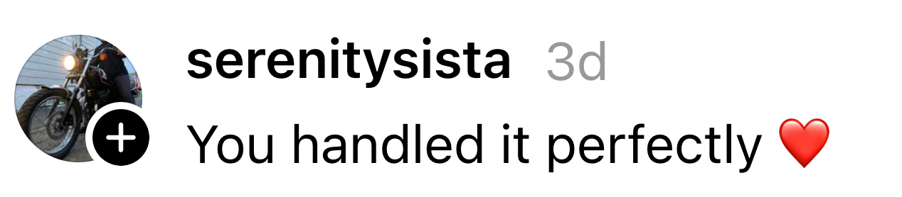 Comment saying "You handled it perfectly" with a bosom emoji, nether a illustration representation of a idiosyncratic connected a motorcycle