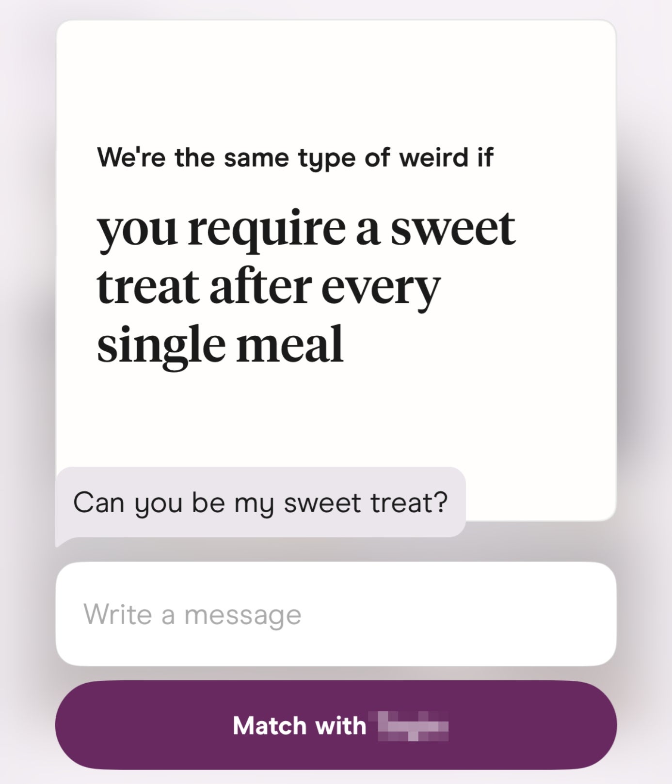 Et skjermbilde av en datingapp som viser en bruker ved navn Toyin med en melding om å nyte en søt godbit etter måltider og en melding som sier: