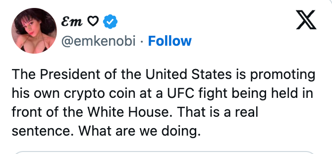 Tweet expressing astonishment astatine the U.S. President promoting his crypto coin astatine a UFC combat adjacent the White House