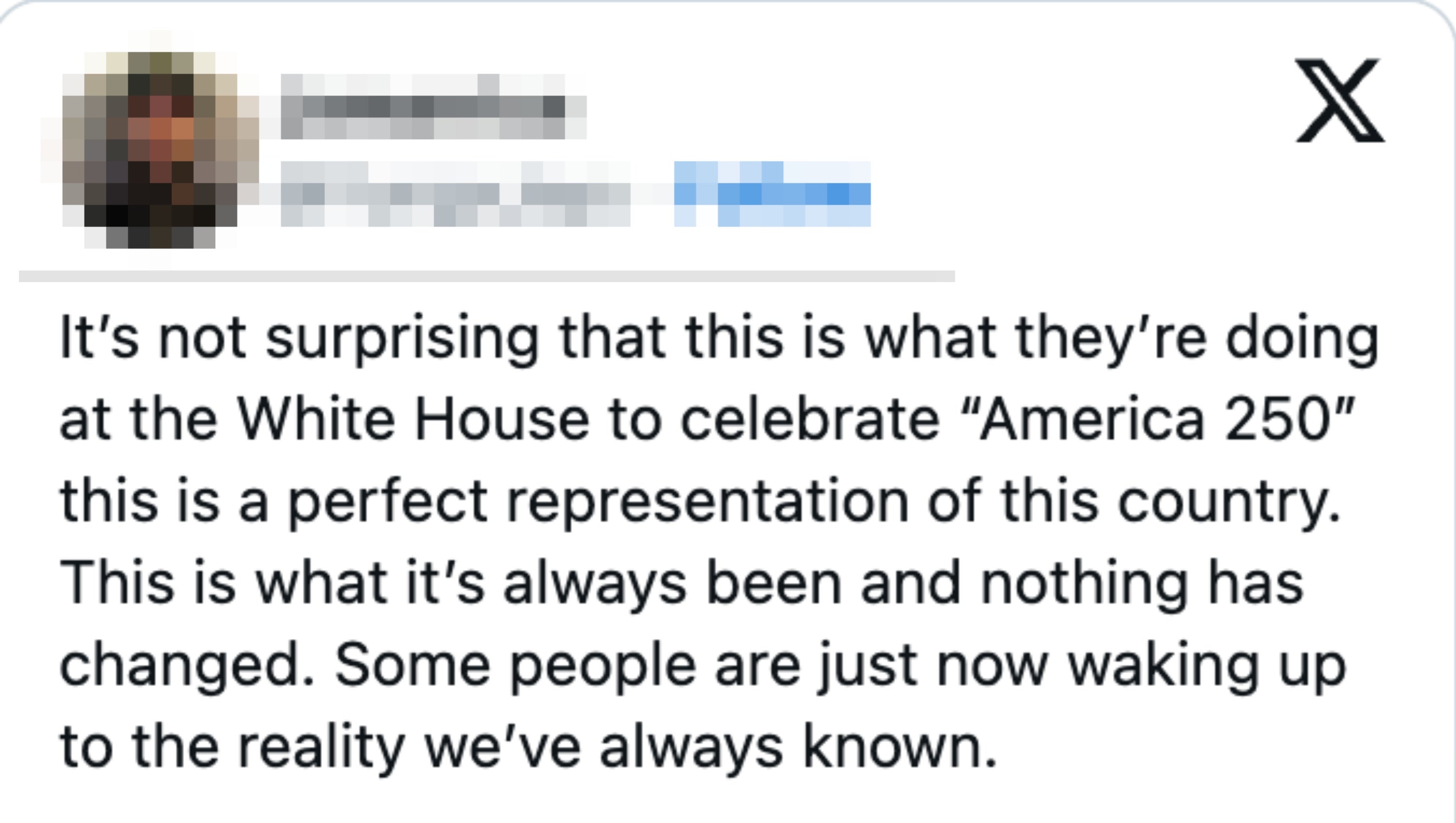 Post by idiosyncratic Jamarrius discussing a White House lawsuit celebrating "America 250," expressing it arsenic a reflection of unchanged nationalist issues